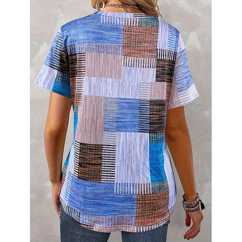 Women's Blouse Graphic Geometric Casual Short Sleeve V Neck Regular Tops Daily Print Blue Purple Orange Green Summer Spring3