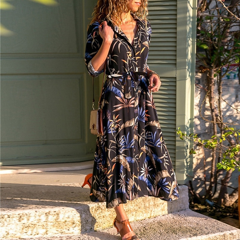 Women's Midi Dress Shirt Dress Boho Dress Fashion Modern Vacation Holiday Going out Regular Fit Flower Long Sleeve Shirt Collar Black Navy Blue Green Summer