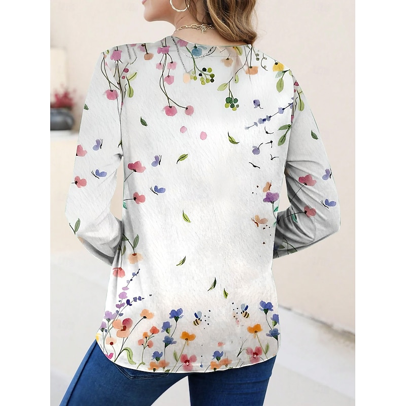 Women's T shirt Crew Neck Long Sleeve Tunic Ombre Floral Elegant Casual  Regular Tops Daily Going out Beach Wear Print White2