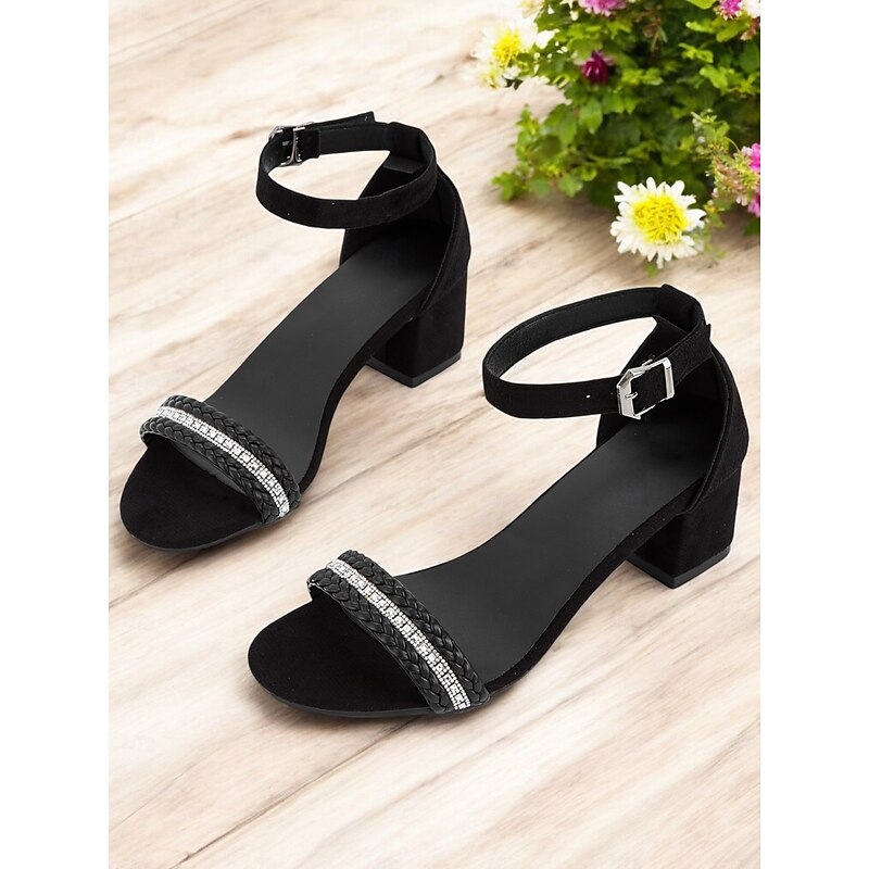 Women's Black Block Heel Sandals – Rhinestone Ankle Strap Open Toe Dress Shoes for Weddings, Parties, and Evening Events