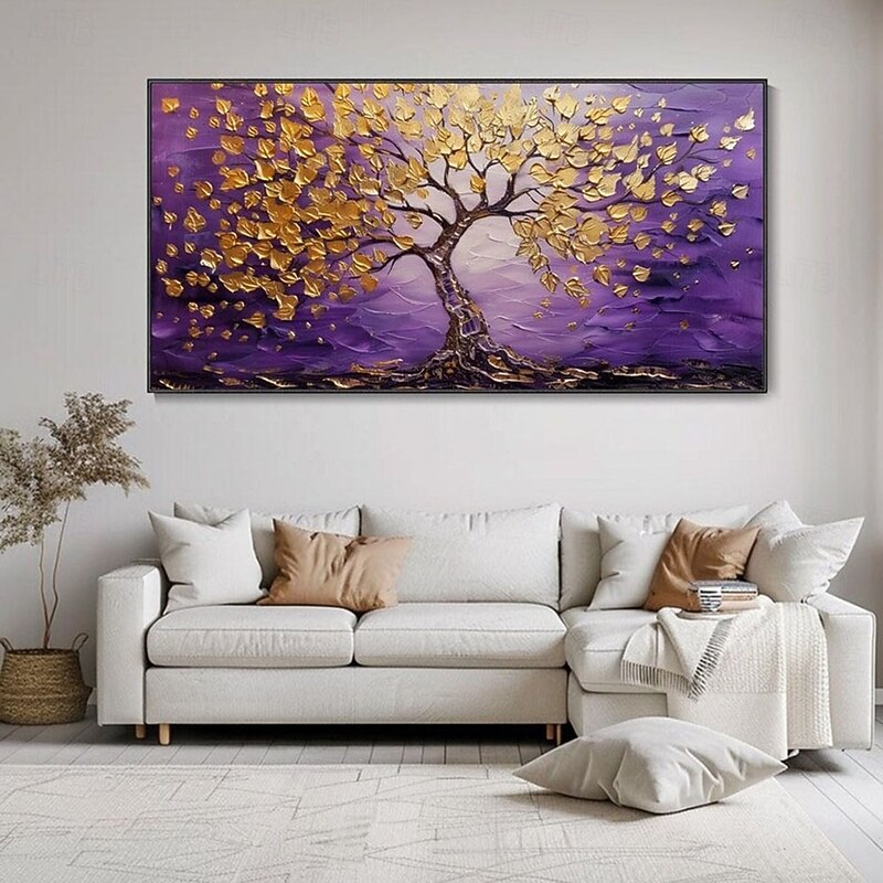 Hand painted Purple Background Gold Leaf Tree Oil Painting Abstract Textured gold tree paintings Artwork paintings for  Living Room Wall Decor Studio Fine Decor Housewarming Gift2