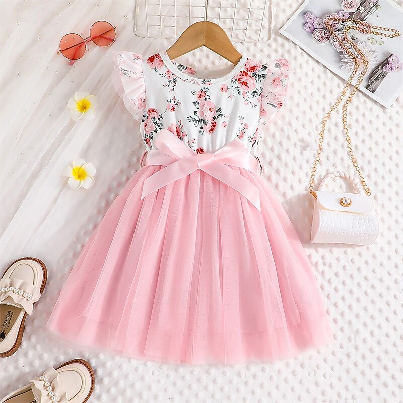 Kids Girls' Dress Flower Sleeveless Outdoor Casual Ruffle Tie Knot Fashion Adorable Polyester Knee-length Casual Dress A Line Dress Summer 4 years+ Pink Sky Blue3