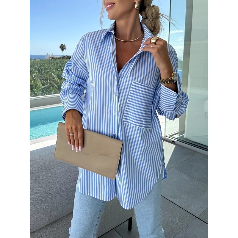 Blouse Women's Pink Blue Khaki Striped Printing Front Pocket Daily Elegant V Neck Regular Fit S3