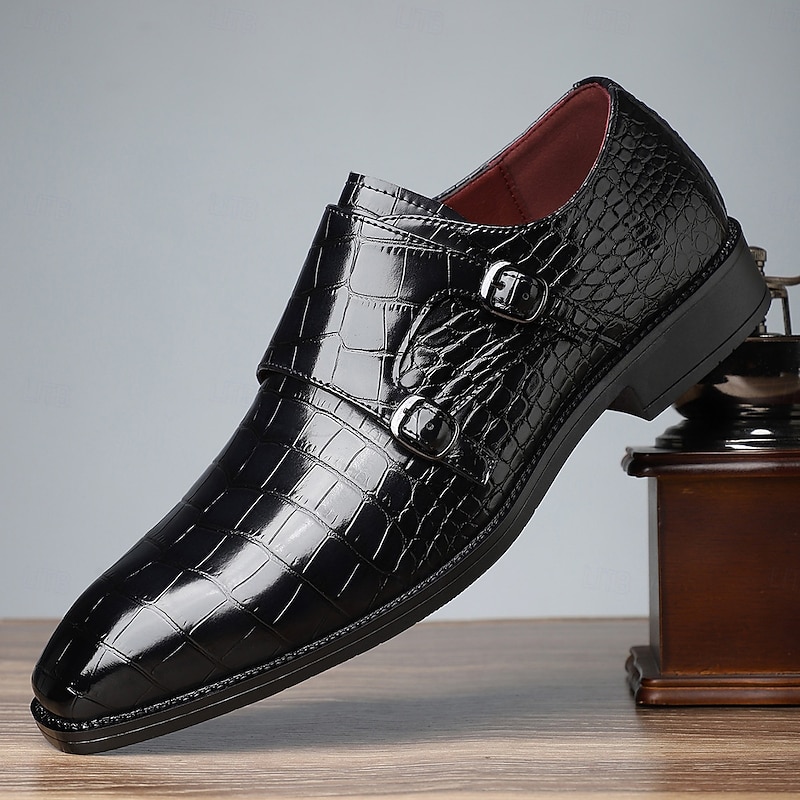 Elegant Men's Navy Blue Crocodile Embossed Faux Leather Monk Strap Shoes - Premium Choice for Corporate Events and Weddings - Main Image