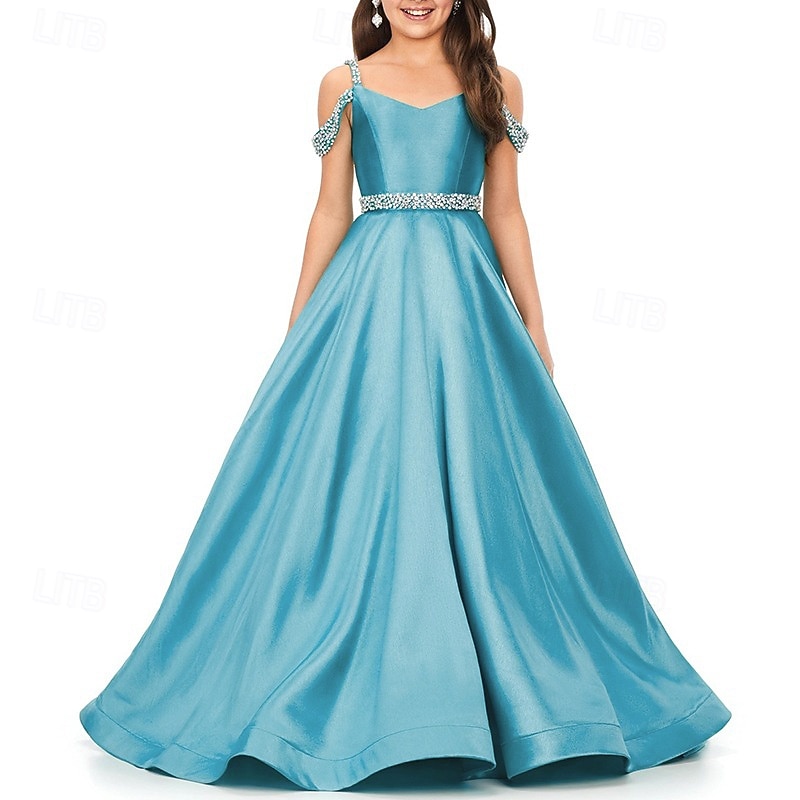 Princess Sweep / Brush Train Flower Girl Dress Pageant & Performance Juniors Cute Prom Dress Satin with Beading Elegant Fit 3-16 Years dress to impress
