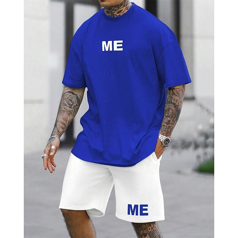 Men's Tracksuit Outfit Set Shorts Crew Neck Outdoor Daily Sports Pocket Drawstring 2 Piece Color Block Letter Black White Blue Polyester Activewear Classic Casual Summer3