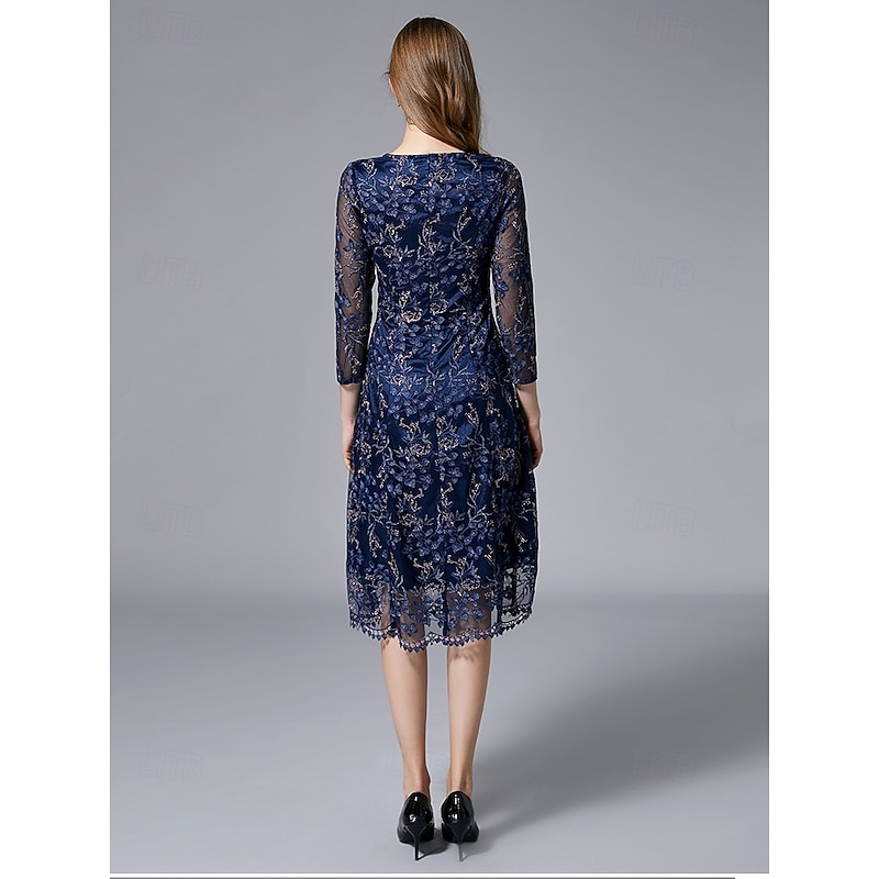 A-Line Dress Mother of the Bride Dress Elegant Vintage Party Crew Neck Tea Length Lace Tulle 3/4 Length Sleeve with Floral Embroidered Lace Applique4