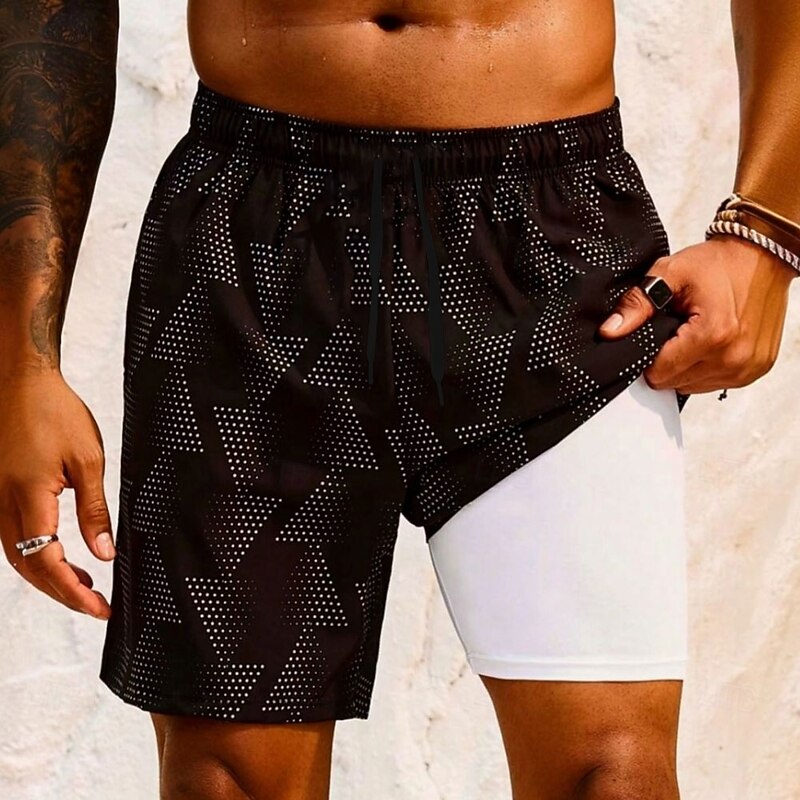 Men's Geometric Polka Dot Lined Shorts 2 in 1 Board Shorts Swim Shorts Mid Waist Hawaiian Vacation Holiday Beach Wear Side Pockets With Compression Liner Elastic Drawstring Waist Designer Clothing