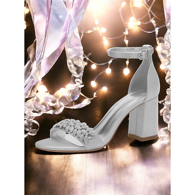Women's Silver Satin Block Heel Sandals with Rhinestone Embellishments - Elegant Wedding and Evening Prom Shoes