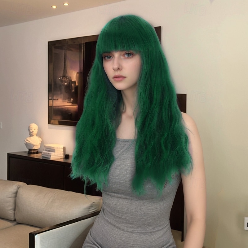 Synthetic Wig Wavy Curly Weave Layered Haircut With Bangs Machine Made Wig 16 inch A1 Synthetic Hair Women's Classic Comfortable Color Gradient Green2