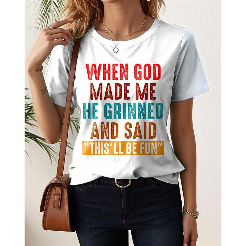 Women's T Shirt Graphic Letter Stylish Casual Short Sleeve Round Neck Regular Tops Daily Weekend Print Black White Pink Blue Purple Summer Spring GOD3