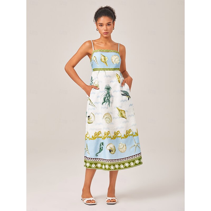 Linen Like Ocean Prints Strap Dress