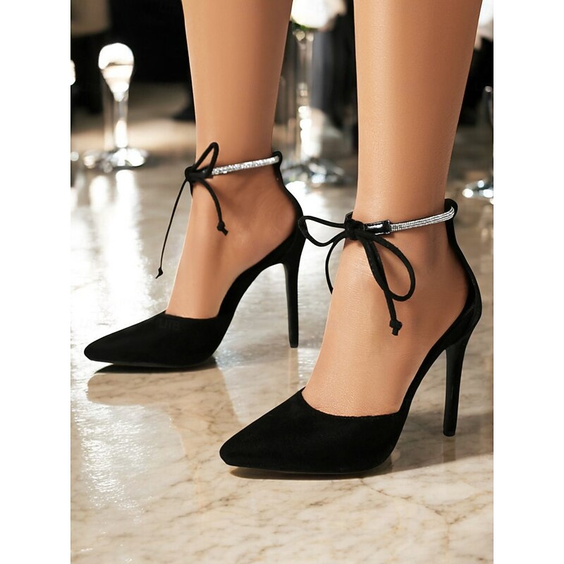 Women's Black Suede Pointed-Toe Stiletto Heels with Rhinestone Ankle Strap – Elegant Evening & Date Night Shoes