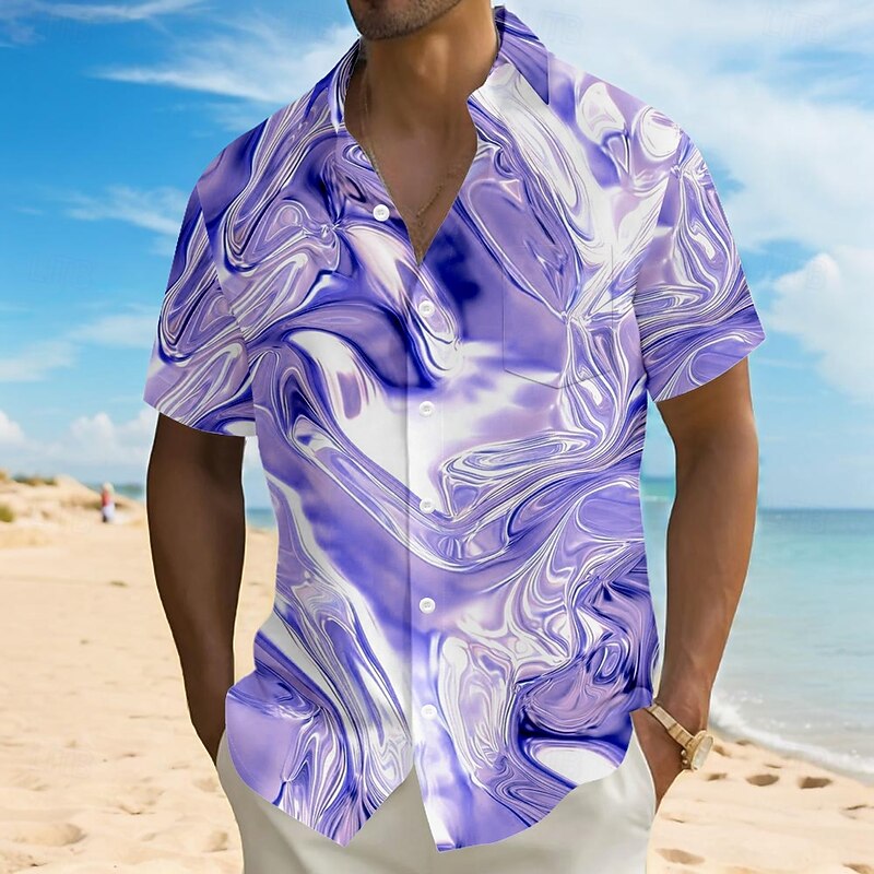 Men's Geometric Marble Abstract Art Shirt Casual Shirt Button Up Shirt Short Sleeve Fashion Casual Vacation Holiday Streetwear Summer Turndown 3D Print Collared Shirts Front One Pocket Pink Blue3