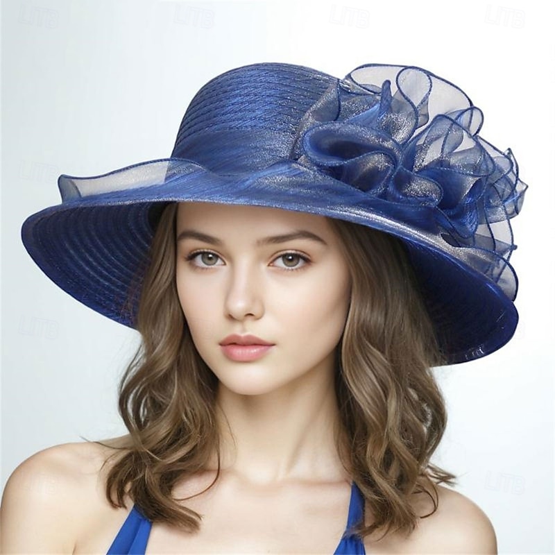 Hats Organza Sun Hat Wedding Holiday Tea Party Horse Race Cocktail Elegant Vintage Cute With Floral Headpiece Headwear