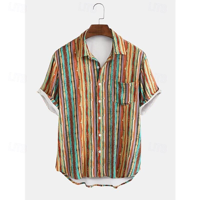 Men's Stripes Button Up Shirt Short Sleeve Vintage Hawaiian Dailywear Causal Casual Summer Spring Collared Shirts Pocket 3D Print Yellow Blue Green2