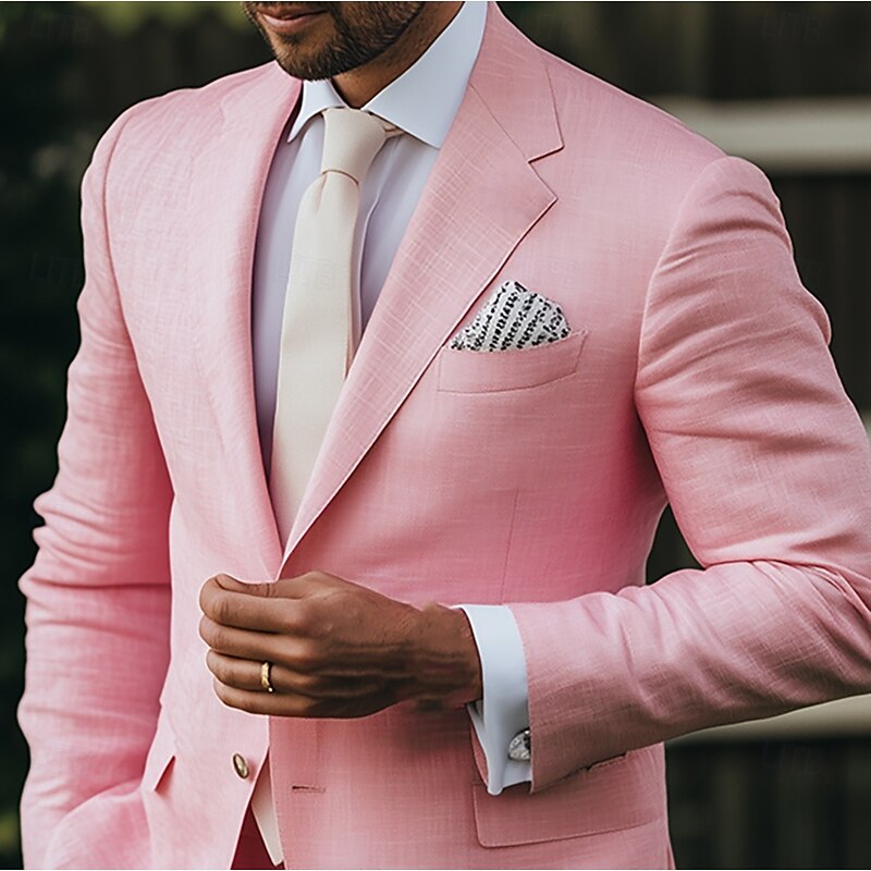 Men's Wedding Party Linen Suits Peaked Lapel Pink Fashion Casual Solid Colored Standard Fit 2 Piece Single Breasted Two-buttons3