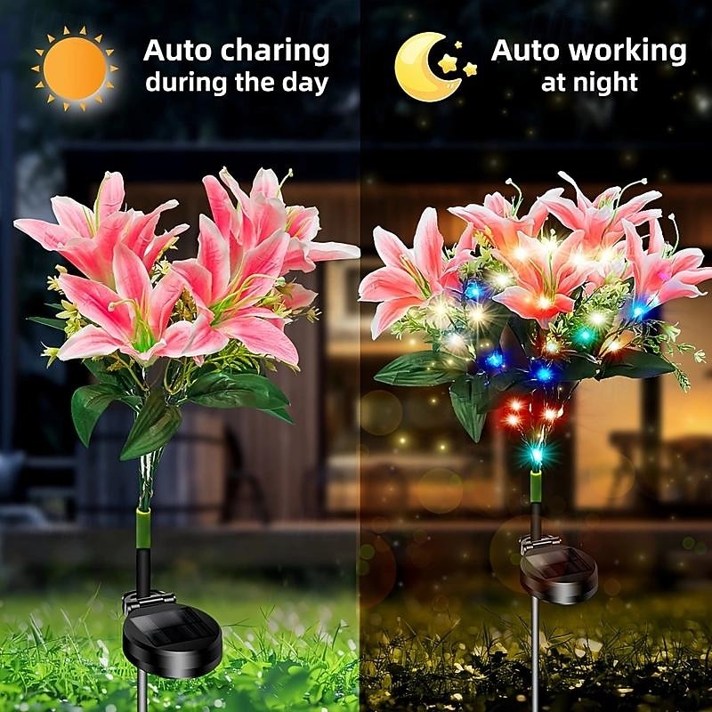 2 Pcs LED Outdoor Solar Lights Lily Simulation Flower Ground Insertion Lamp 7 Head Flowers 42 Beads Courtyard Garden Lawn Path Festival Wedding Party Atmosphere Decoration Lights3