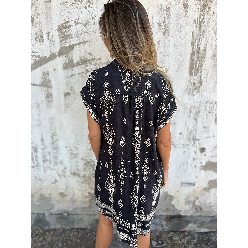 Women's Cotton Linen Mini Dress Shirt Dress Elegant Dress Basic Casual Vacation Daily Regular Fit Graphic Short Sleeve Shirt Collar Black Green Apricot Summer4