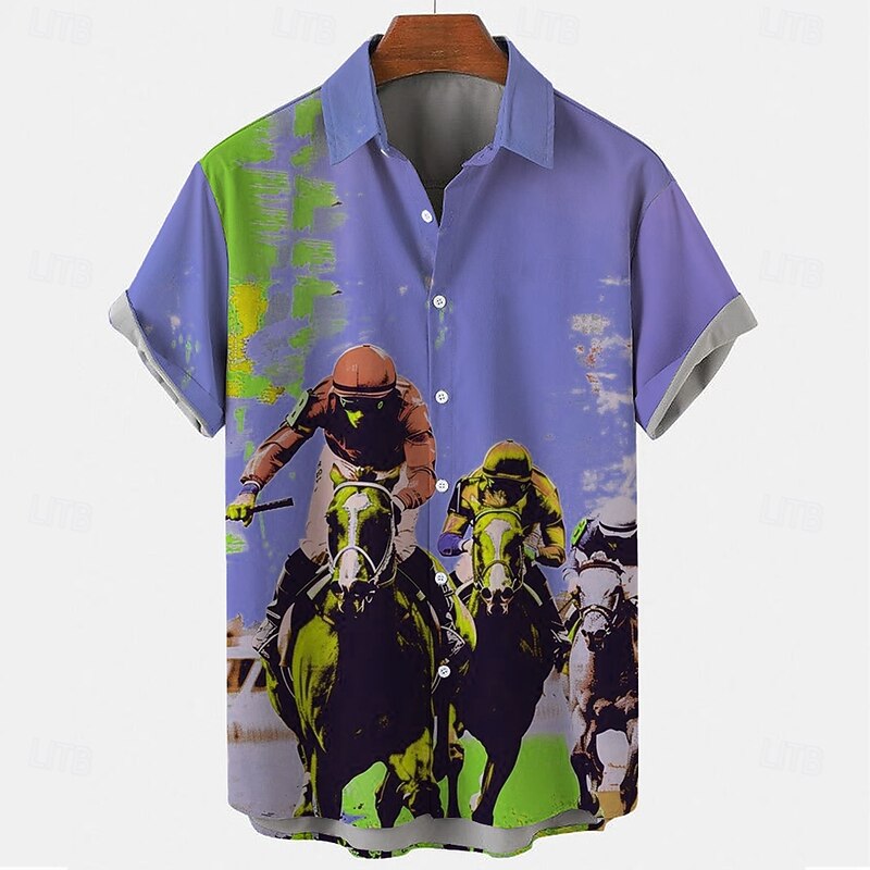 Kentucky Derby Men's Horse Racing Shirt Button Up Shirt Short Sleeve Vintage Retro Holiday Festival Summer Spring Turndown 3D Print Funny Kentucky Derby Shirts Blue Purple2