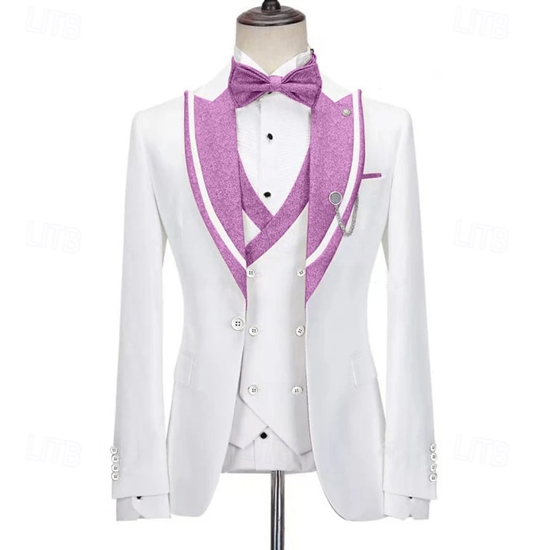 Men's Prom Sparkly Party Suits Peaked Lapel Pink Purple Fashion Luxury Solid Colored Standard Fit 3 Piece Single Breasted One-button2