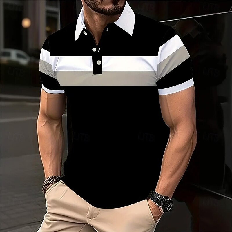 Men's Horizontal Stripes Rugby Polo Short Sleeve Polo Shirts Collared Shirts Business Casual School Outdoor Athleisure 3D Print Summer Spring Fall Black White Pink2
