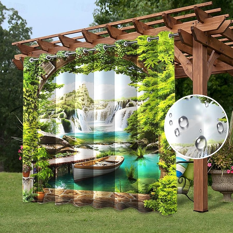Waterproof Outdoor Curtain Privacy, Sliding Patio Curtain Drapes, Pergola Curtains Grommet 3D Watrefall Boat For Gazebo, Balcony, Porch, Party, 1 Panel