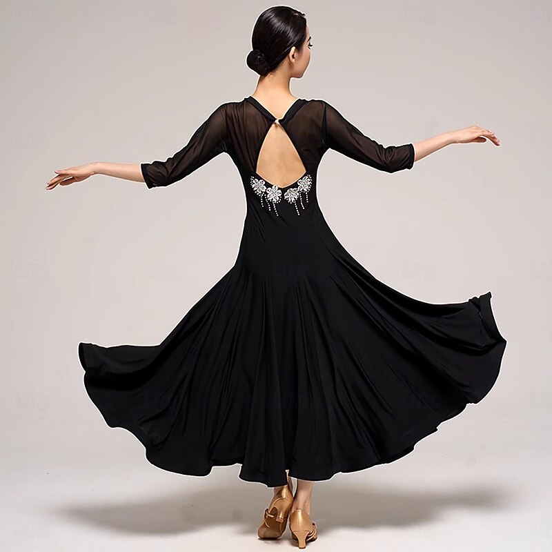 Ballroom Dance Dress Splicing Crystals / Rhinestones Women's Performance Party 3/4 Length Sleeve Crystal Cotton Mesh2