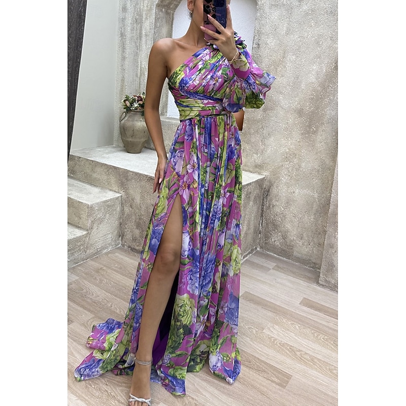 Women's Long Dress Maxi Dress Prom Dress Party Dress Print Dress Elegant Fashion Party Special Occasion Regular Fit Flower Long Sleeve One Shoulder Yellow Purple Green Summer2