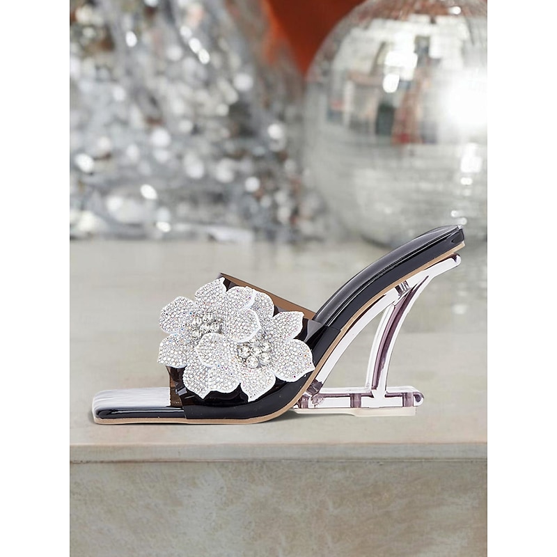 Women's Black Patent Leather Mules with Rhinestone Flower and Transparent Heels - Chic Nightlife Party Sandals4