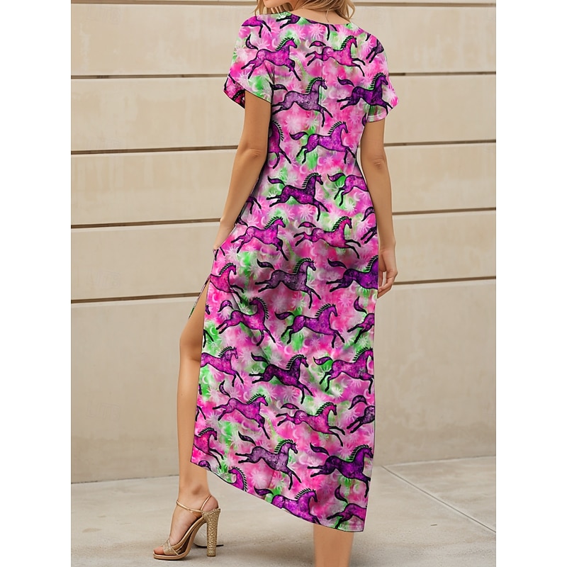 Kentucky Derby Women's Maxi Dress Casual Dress Sundress A Line Dress Summer Dress Vacation Casual Vacation Daily Regular Fit Ombre Graphic Animal Short Sleeve V Neck Pink Summer Spring2