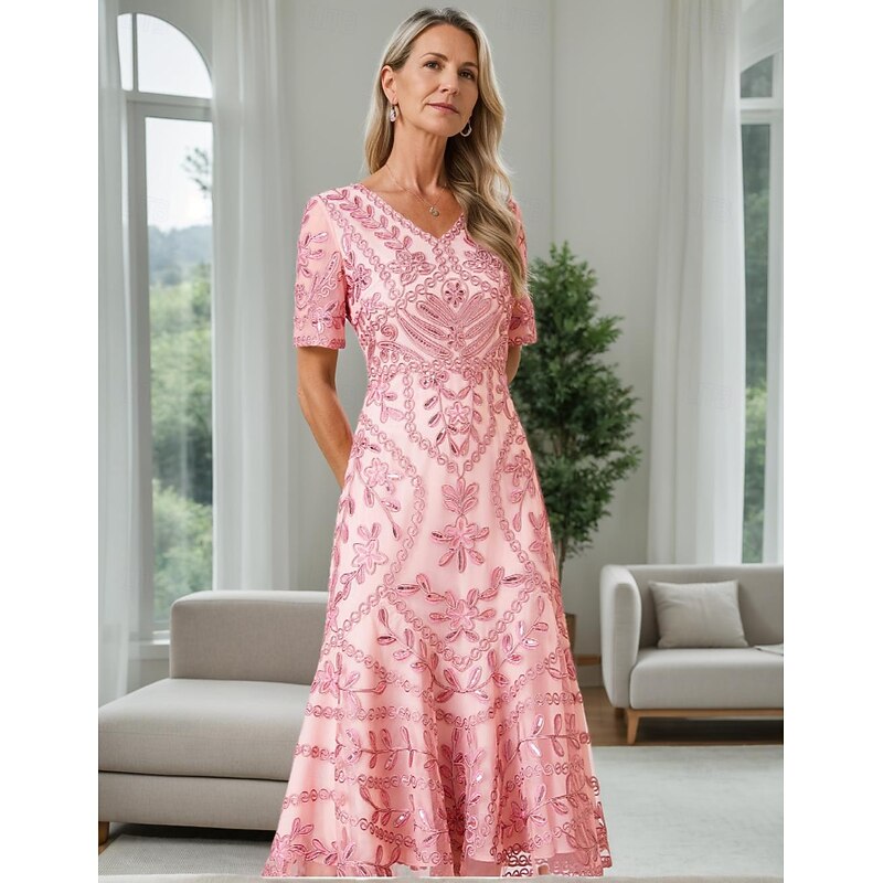 A-Line Dress Mother of the Bride Dress Elegant Vintage Party V Neck Tea Length Corded Lace Short Sleeve with Lace Sequin Midi Dress