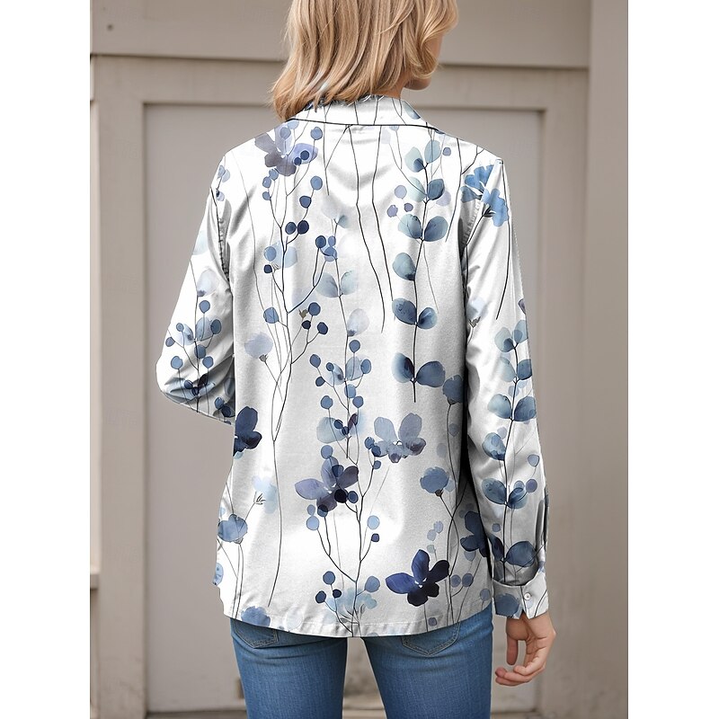 Women's Shirt Button Down Tunic Shirt Collar Long Sleeve Floral Graphic Stylish Casual Regular Tops Daily Going out s White Spring2