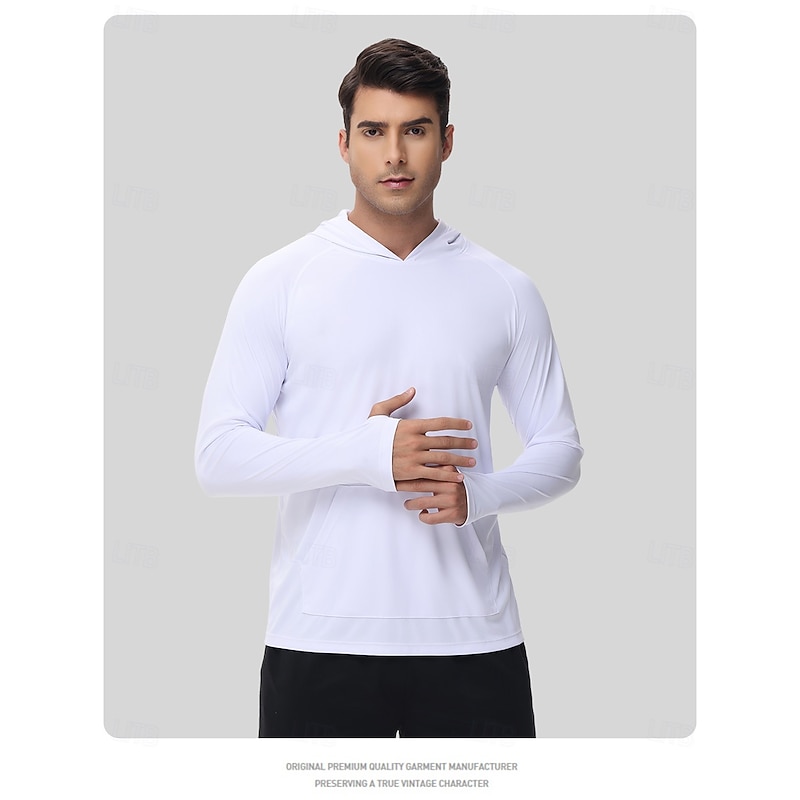 Men's Hiking Tee shirt Long Sleeve Hooded Tee Tshirt Outdoor Stretchy Terylene Dark Grey Black White Fishing Workout