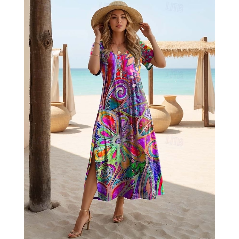 Women's Midi Dress Sundress A Line Dress Vacation Casual Boho Butterfly Sleeve Vacation Going out Regular Fit Floral Graphic Rainbow Short Sleeve Crewneck Light Purple Purple Rainbow Summer