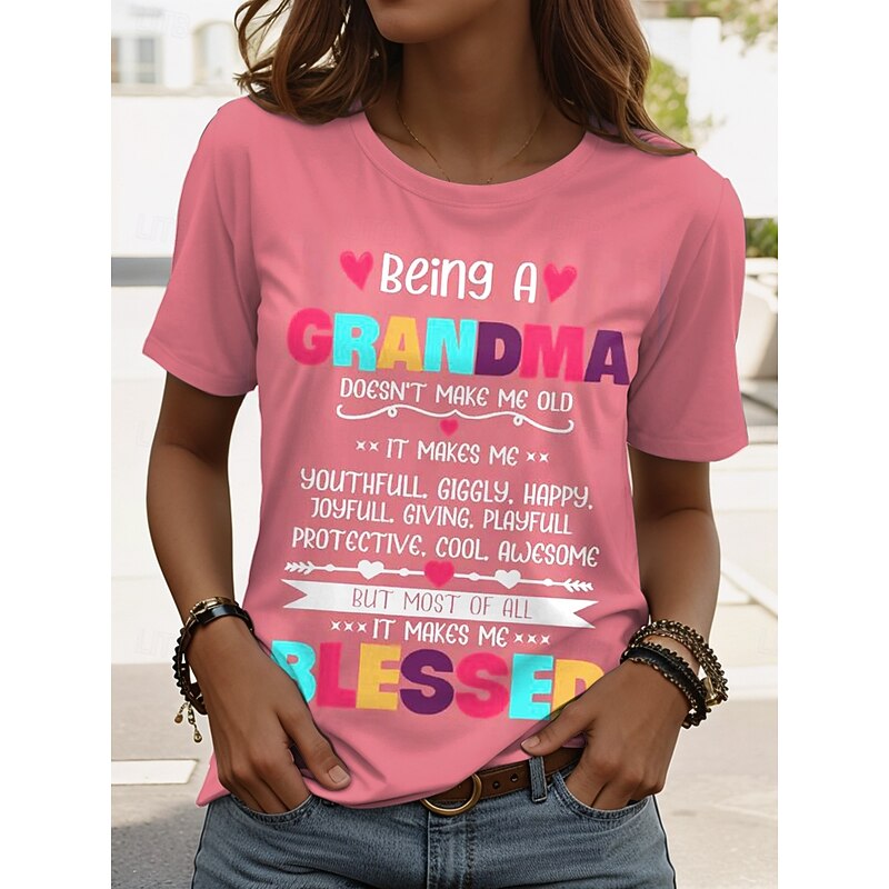 Mother's Day Women's T Shirt Graphic Letter Stylish Casual Short Sleeve Round Neck Regular Tops Daily Weekend Print Black White Pink Blue Purple Summer Spring Grandma3