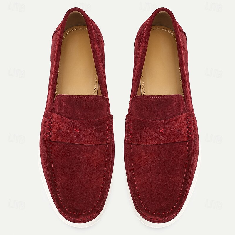 Men's Premium Cowhide Burgundy Suede Moccasins, Elegant Minimalist Design for Casual and Office Wear4