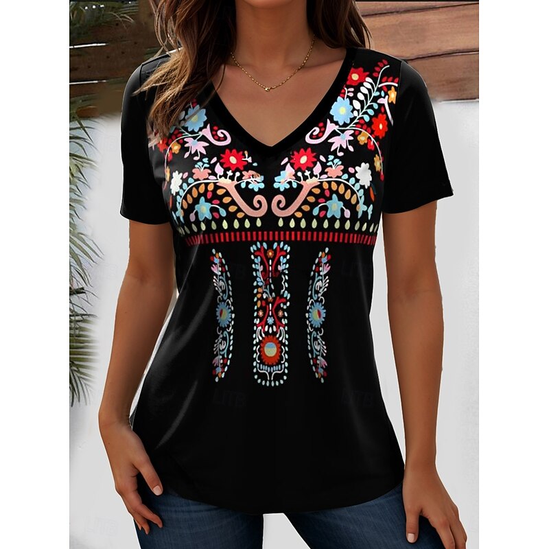 Women's T Shirt Graphic Paisley Bohemia Stylish Casual Short Sleeve V Neck Regular Tops Daily Weekend Beach Wear Print White / Black Black Red Light Brown Purple Summer