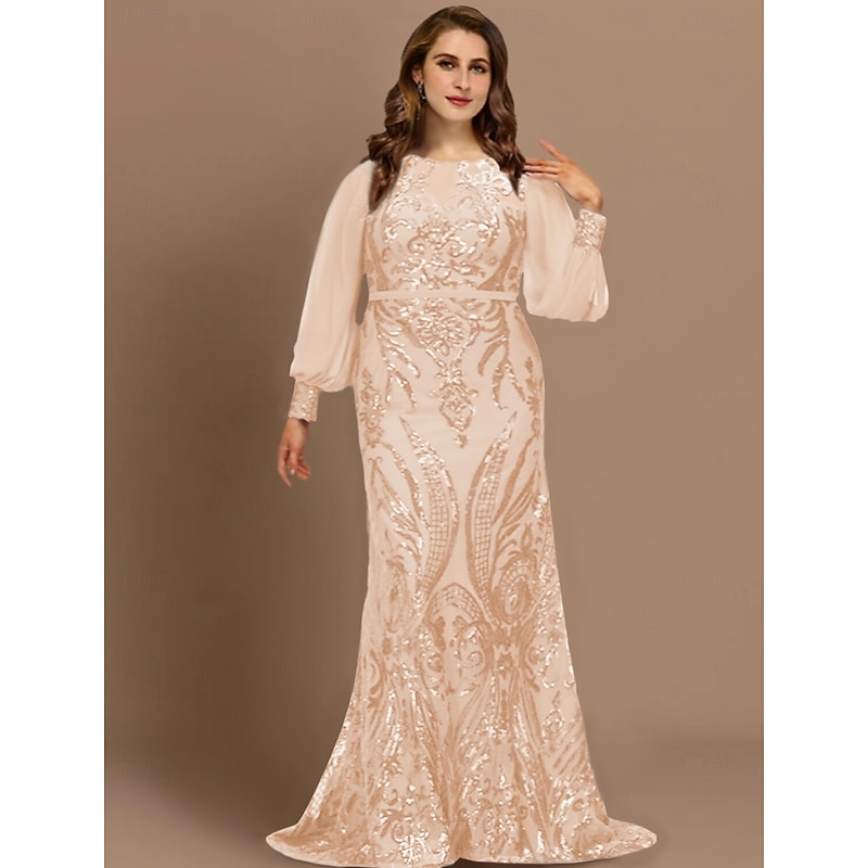 Mermaid Plus Size Curve Mother of the Bride Dresses Elegant Dress Formal Wedding Guest Sweep / Brush Train Long Sleeve Jewel Neck Chiffon with Sequin free custom size 10