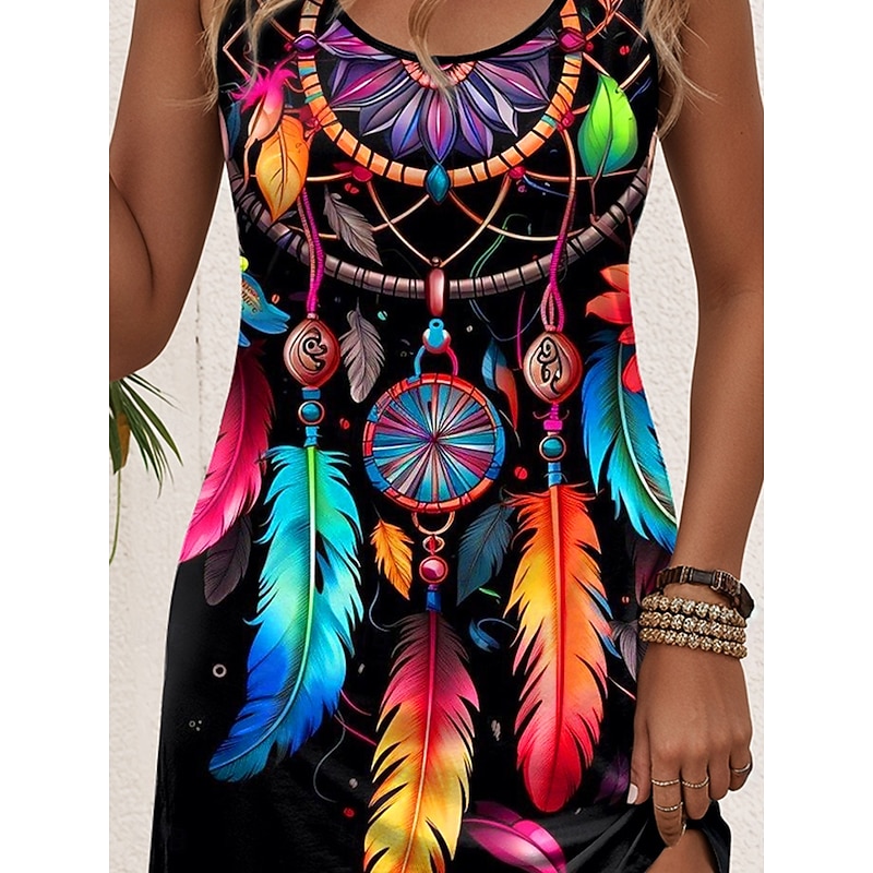 Women's Mini Dress A Line Dress Summer Dress Vacation Casual Daily Loose Fit Graphic Tribal Sleeveless U Neck Black Summer3