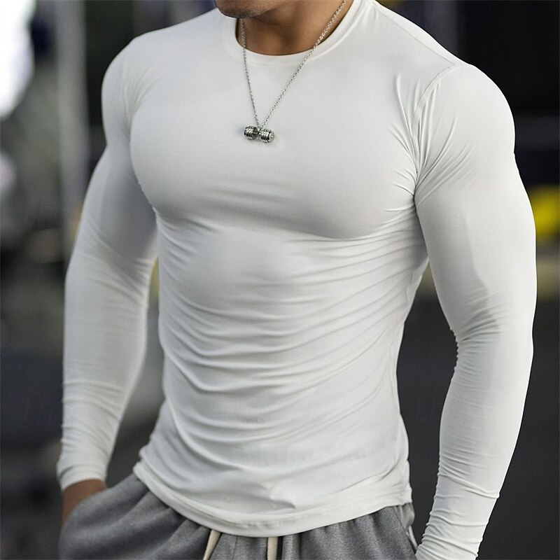 Men's Gym Shirt Compression Shirt Fitness Shirt Crew Neck Long Sleeve Casual Daily Gym Quick dry High Stretch Sweat wicking Patchwork Plain Black White non-printing Activewear Polyester2