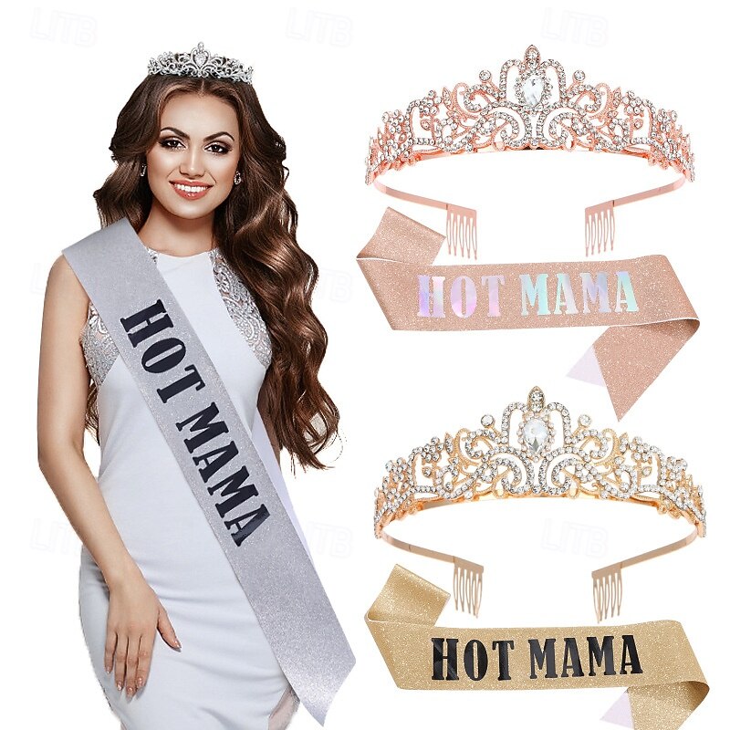 Baby Shower Decoration Sash and Headband Kit, Sage Green Hot MAMA Sash Set with Crystal Crown Headband, Gold Ribbon Etiquette Belt for Maternity Gift and Party Decorations