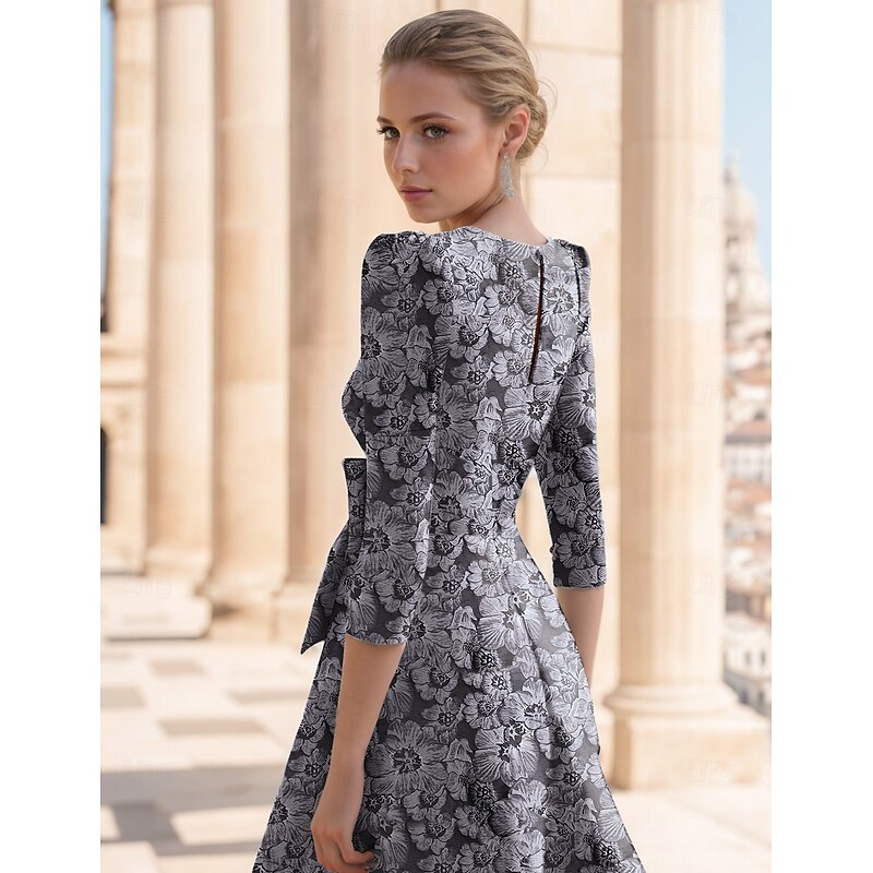 Jacquard A-Line Cocktail Dresses Elegant Dress Wedding Guest Church Ankle Length Half Sleeve V Neck Chiffon with Floral Bow(s) Wedding Guest Dress2