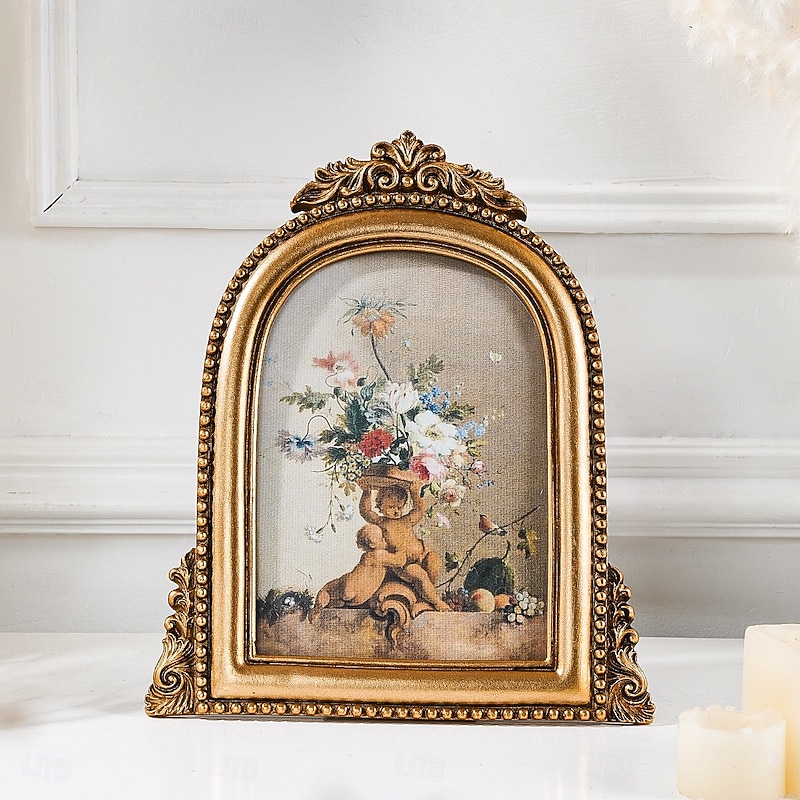 Round Pearl Decor Arch Frame, Resin Photo Display, European-Style 3D Classical Pattern, Gold Resin Picture Frame, Cozy Home Desk Decor, Bedroom, Study, and Office Tabletop Photo Frame Decoration