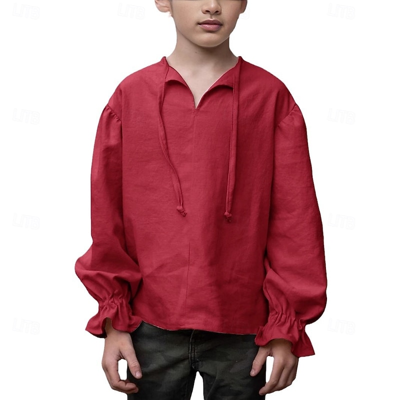 Retro Vintage Medieval Renaissance Shirt Pirate Viking Lace up Solid Color Fancy Dress Boys' Pirate Halloween Carnival Children's Day Vacation Casual Daily LARP Kid's Shirt Spring & Summer2