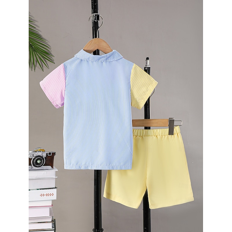 2 Pieces Toddler Boys T-shirt & Shorts Outfit Stripe Short Sleeve Patchwork Set School Neutral Fashion Summer 4-7 Years Multicolor2