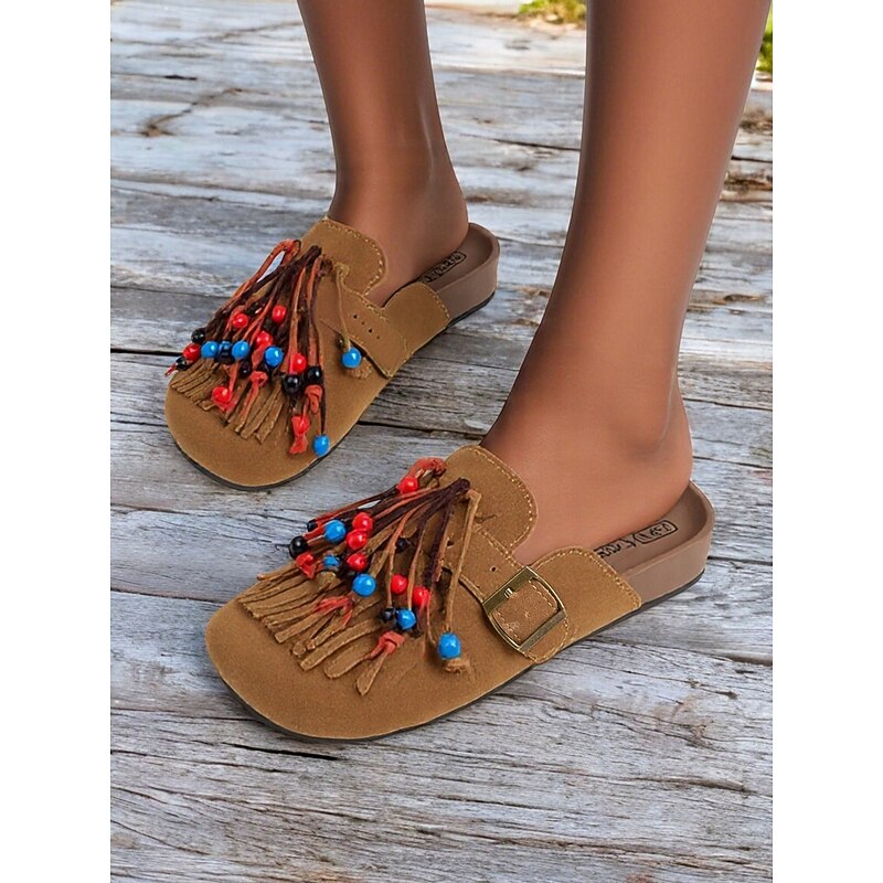 Women's Beaded Fringe Mules – Tan Suede Slip-On Loafers with Colorful Tassels and Buckle Strap for Boho Style, Casual Outings, and Summer Festivals4