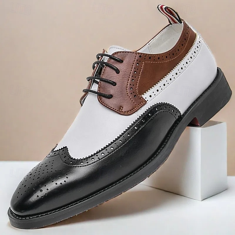 Men's Tri-Color Wingtip Oxford Brogue Shoes in Black, White, and Brown, Gatsby-Inspired Leather Spectator Shoes for Vintage Party, Wedding, and Formal Evening Events