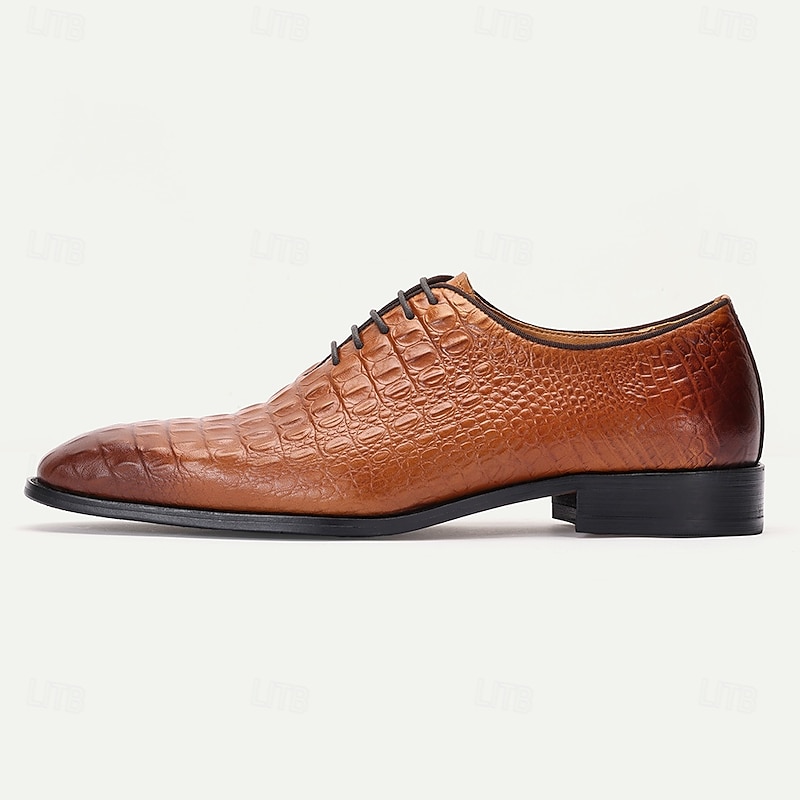 Men's Oxfords Crocodile Pattern Leather Shoes in Cognac - Elegant for Business and Kentucky Derby3