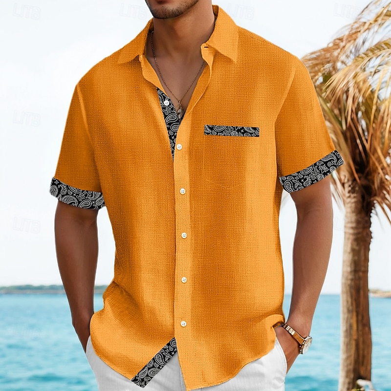 Men's Shirt Linen Shirt Summer Shirt Beach Shirt Untucked Shirts Plaid Vacation Holiday Black Pink Orange Light Blue Short Sleeve Collar Summer Clothing Apparel